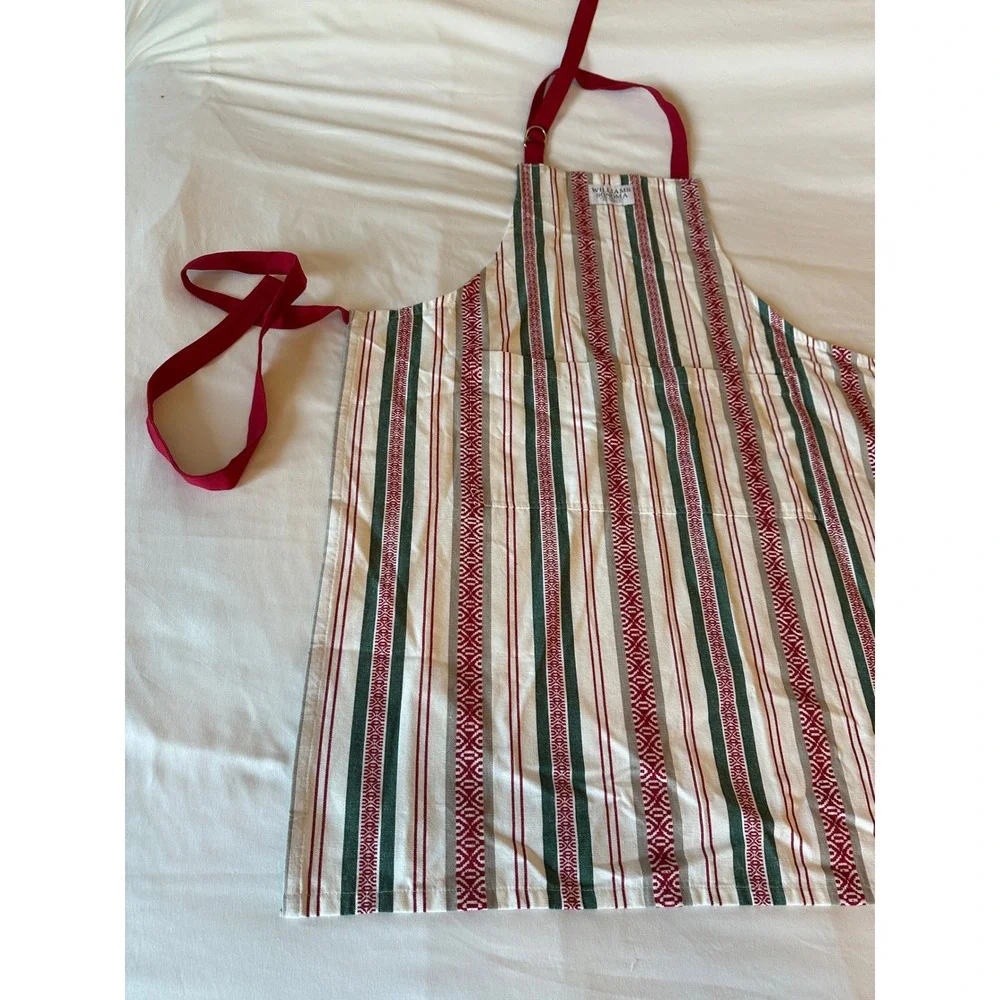 Williams Sonoma Red Green Striped Cotton Kitchen Apron Holiday Christmas 27x36